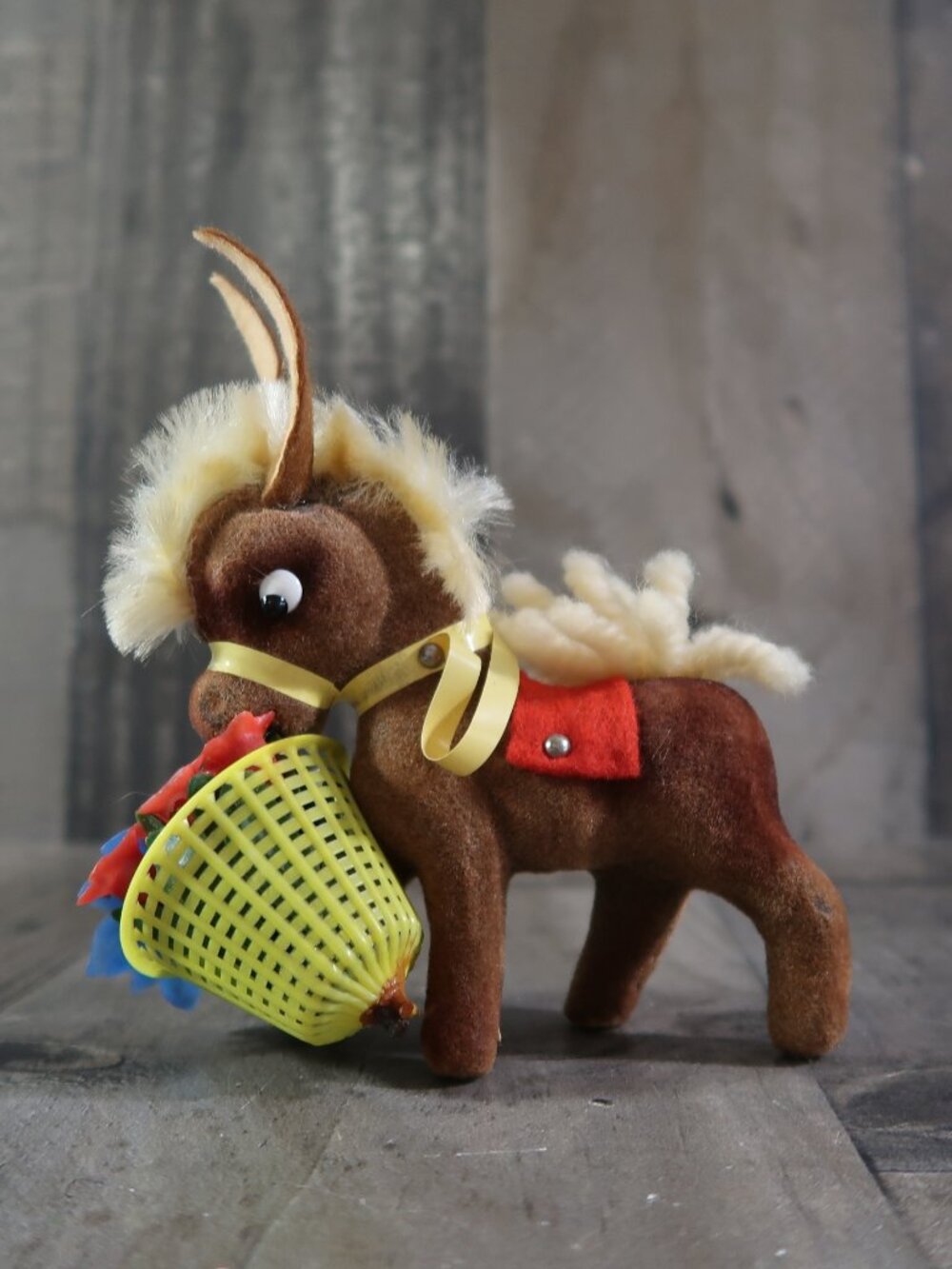 1950s Flocked Fuzzy Donkey with Flower Basket Yarn Tail Figure Decor Novelty